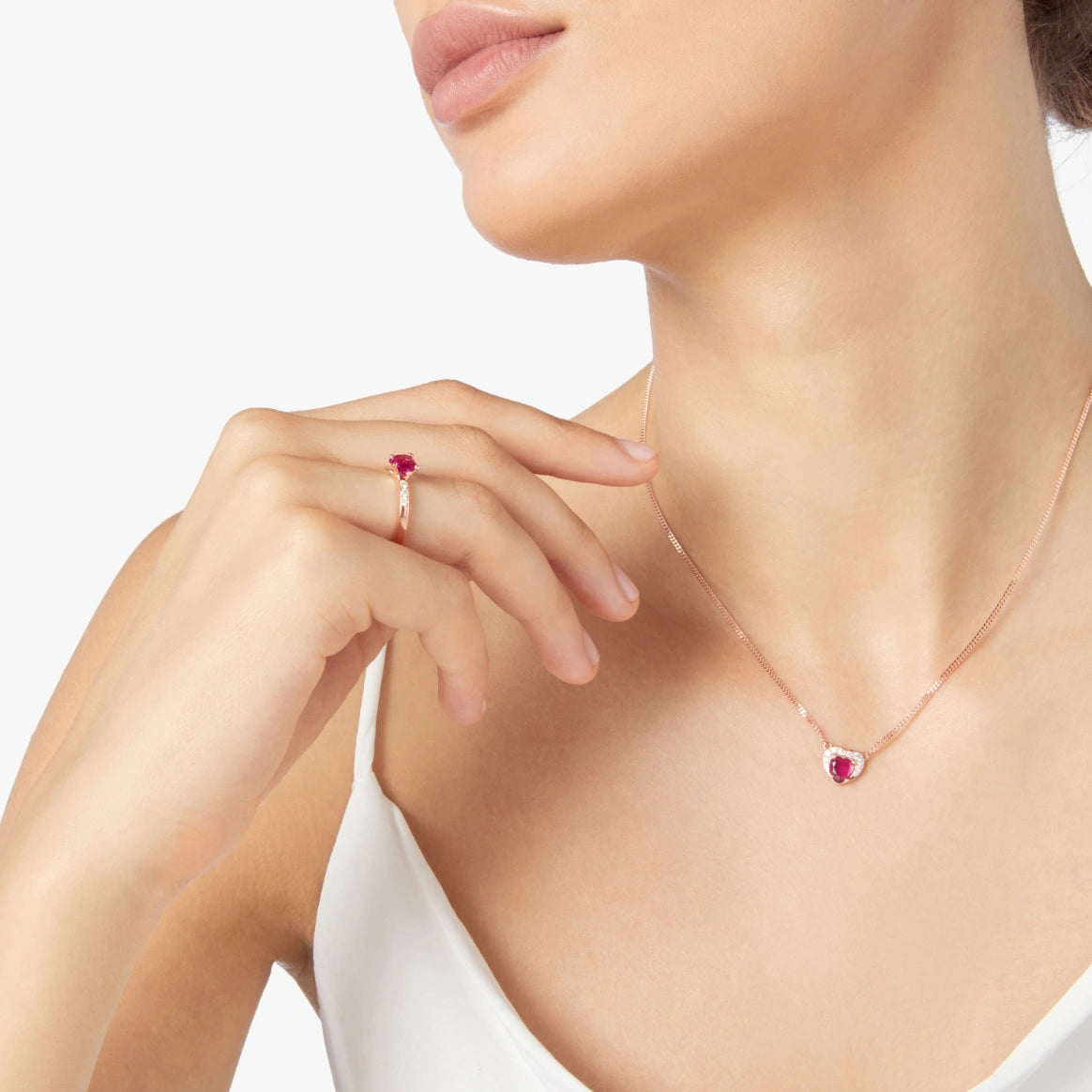 anello cuore oro rosa, rubino sintetico & diamanti