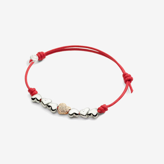 Bracciale Cordino sottile sei Cuori e Cuore Rosa Diamantato