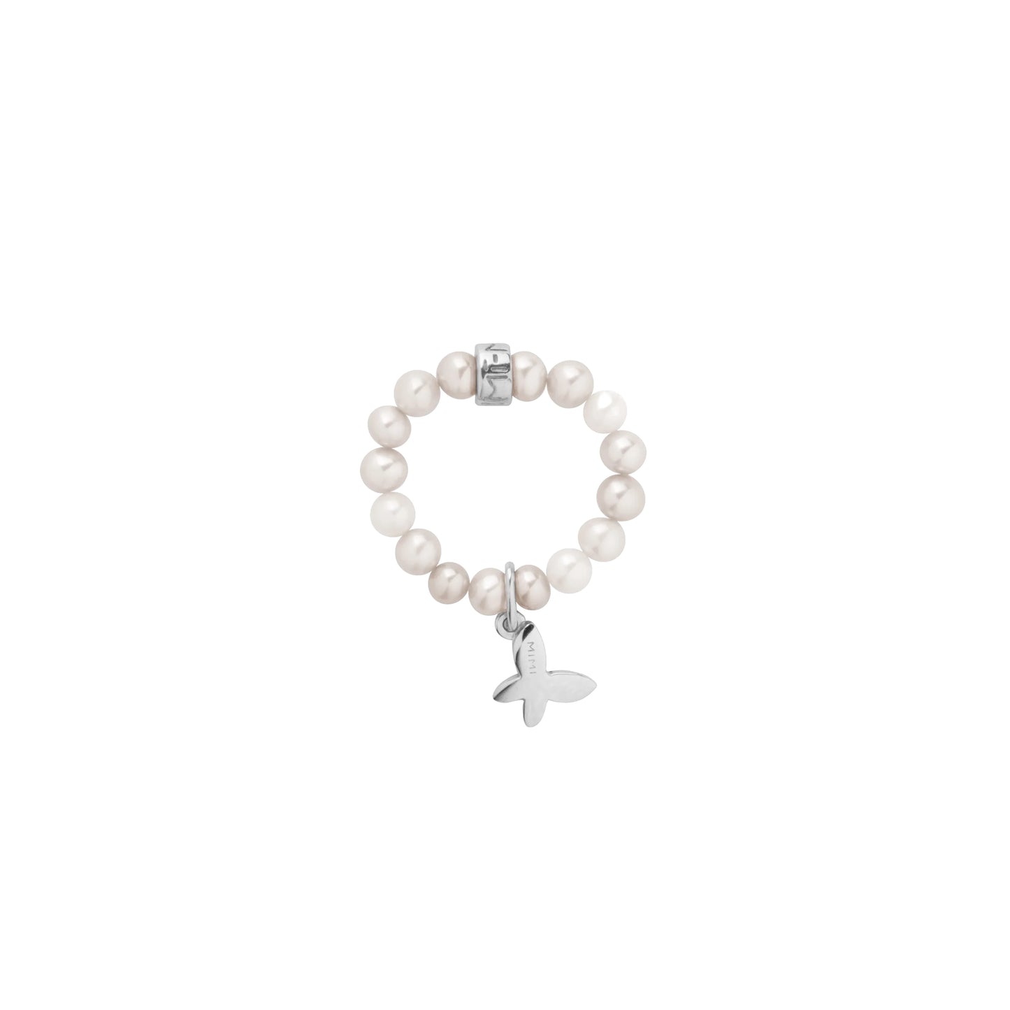 Anello Elastica con perle bianche e charm farfalla