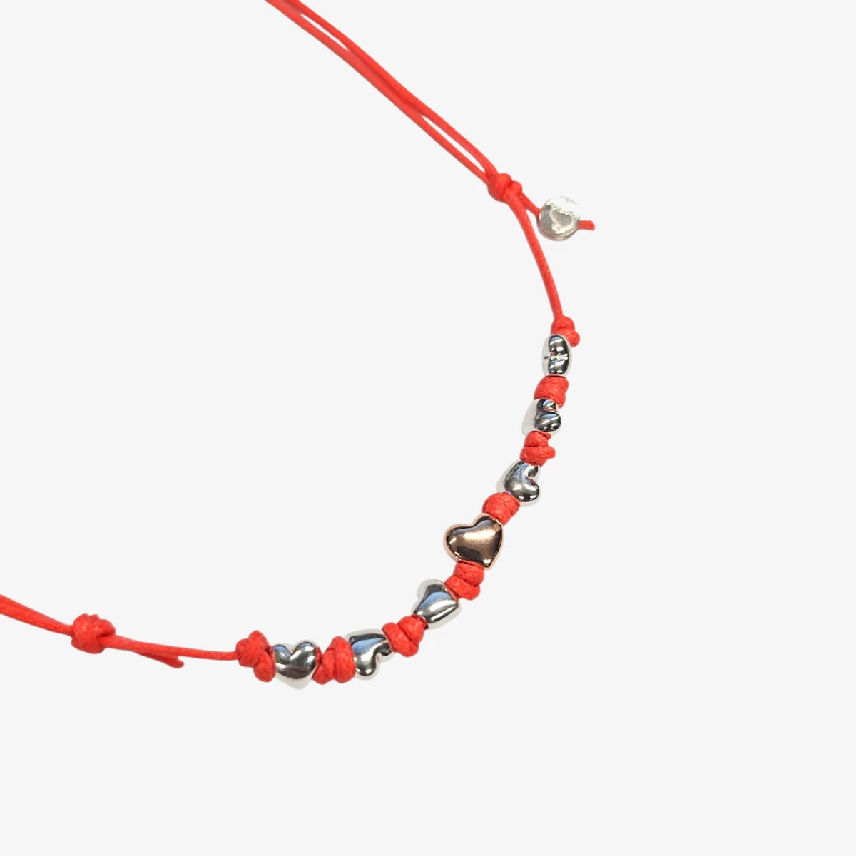 Collana Cordino sottile sei Cuori argento e un cuore rosa
