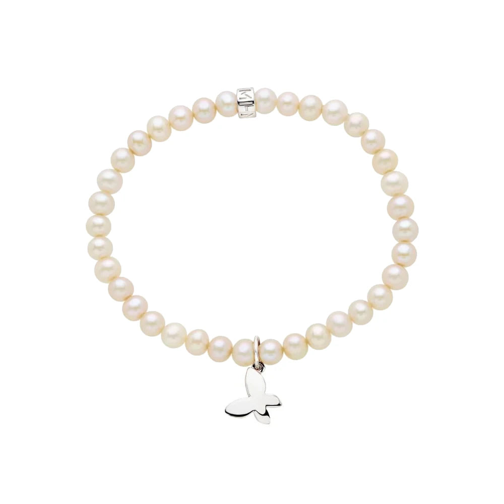 Bracciale Elastica con Perle Bianche e Charm Farfalla