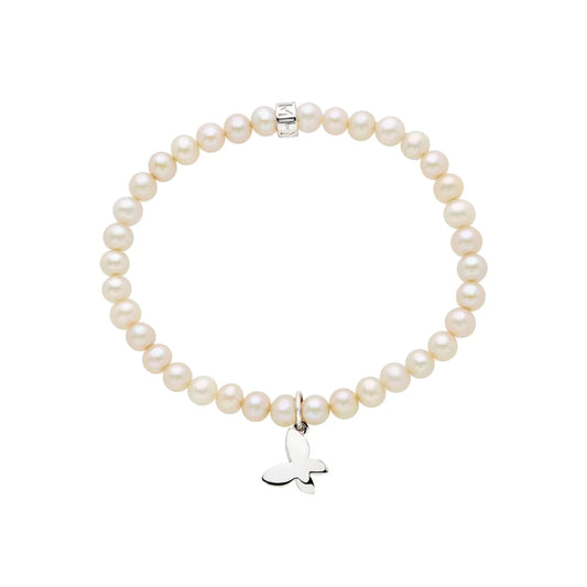 Bracciale Elastica con Perle Bianche e Charm Farfalla